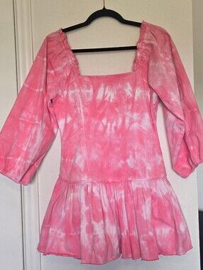 LoveShackFancy Cotton Pink and White Tie-Dye Dress(Denim Feel) Sz 4